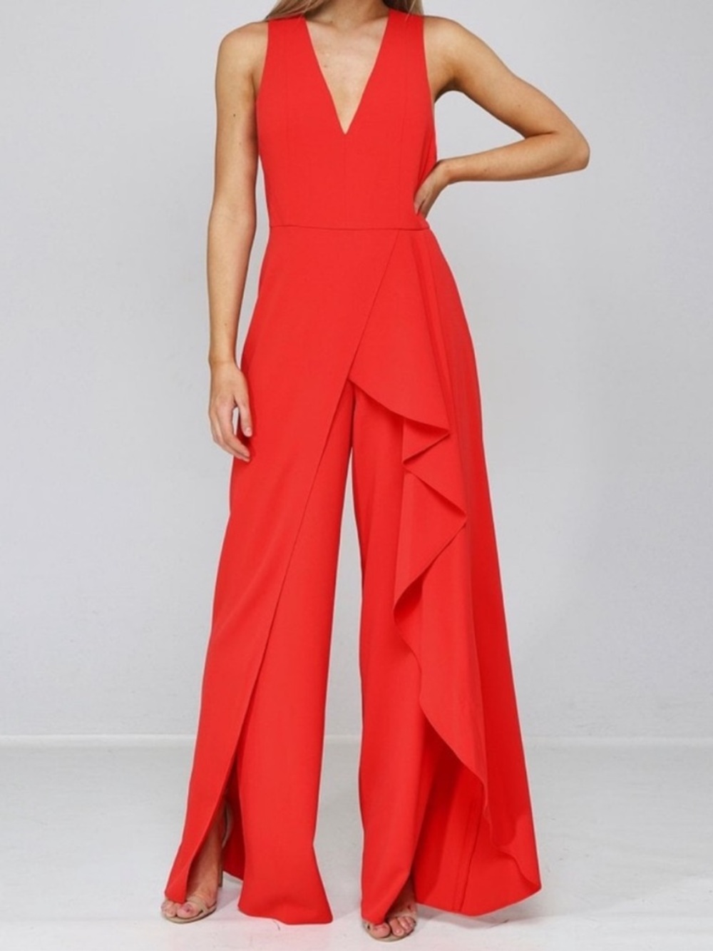 Alice + Olivia Gale Jumpsuit Poppy Red 8 Wide Leg Ruffle Draped Formal Evening